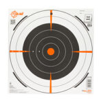 Shooting target with concentric white and black rings and an orange bullseye for marksmanship practice.