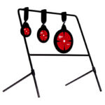 Target practice rack with three red circular hanging targets on a black metal stand.