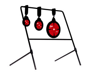 Target practice rack with three red circular hanging targets on a black metal stand.