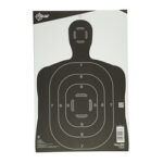 Black human-shaped shooting target with concentric white scoring rings and numbers, used for marksmanship training.