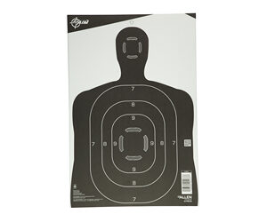 Black human-shaped shooting target with concentric scoring rings and numbers from 10 at the center outward to 1 at the edge.