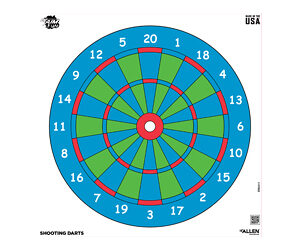 Circular dartboard with blue outer ring, green inner segments, and a red bullseye at the center, numbers around the edge for playing darts.
