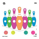 Colorful bowling pins in a strike formation on a lane, with four small illustrated bowling balls and logos reading 'First Strike' and 'Allen' beneath.