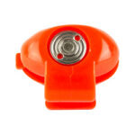 Orange plastic whistle with a round metal mouthpiece in the center and a small red dot above it.
