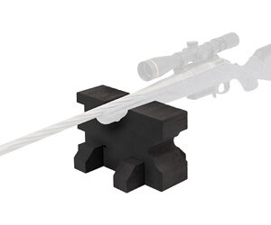 Bolt-action rifle with scope resting on a black shooting rest.