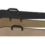 Three padded rifle cases in black, olive, and tan stacked with handles and zippers visible.