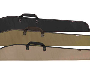 Three padded rifle cases in black, olive, and tan stacked with handles and zippers visible.