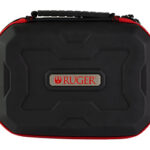 Hard black protective case with red trim and a top carrying handle, Ruger logo on the front.