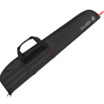 Black soft guitar case with carrying handle and red zipper pulls, branded Martin.