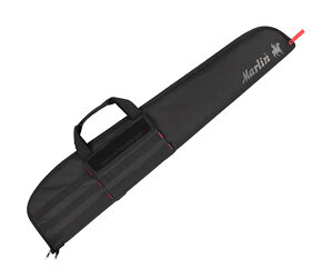 Black soft guitar case with carrying handle and red zipper pulls, branded Martin.
