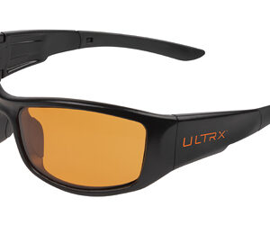 Black wraparound sunglasses with orange lenses and a ULTRX logo on the temple.