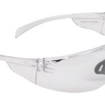 Clear protective safety goggles with wraparound lens and gray nose bridge for eye protection in labs or construction