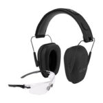 Black over-ear earmuffs with clear safety glasses resting in front, a protective eyewear and hearing protection combo.