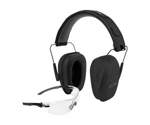 Black over-ear earmuffs with clear safety glasses resting in front, a protective eyewear and hearing protection combo.