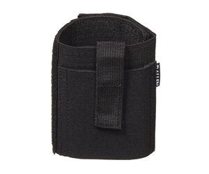 Small black tactical pouch with Velcro strap and belt loop for carrying small items or batteries.