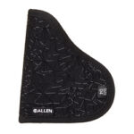 Black quilted half saddle pad for horse riding, curved shape with geometric stitching and Allen logo.