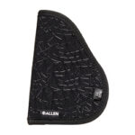 Black curved saddle pad for a horse with geometric stitching, branded Allen logo visible on the lower edge.