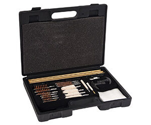 Open black plastic case containing an assortment of drill bits and accessories neatly arranged inside.