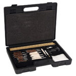 Open black plastic case with a drill bit set: assorted bits, screwdriver bits, and a small white pouch inside.