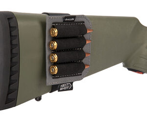 Olive-green rifle buttstock with a black rubber recoil pad and four-shell shotgun shell holders mounted on the side.