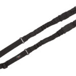 Padded black camera strap with metal hooks on both ends.