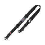 Black adjustable camera strap with metal clips on both ends for attaching a camera.