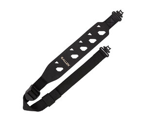 Black camera strap with a padded center and quick-release buckles, laid diagonally on a white background.