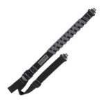 Two black guitar straps with adjustable length, one padded for shoulder comfort, shown laid out diagonally