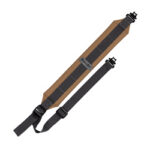 Two-tone camera strap in brown and dark gray with adjustable buckles for attaching to a camera.