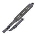 Black adjustable watch band with buckle and multiple holes, laid flat.
