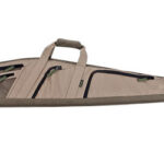 Tan padded rifle case with a carry handle and multiple zip pockets for storage and transport of a long firearm.