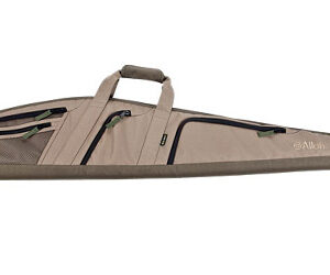 Tan padded rifle case with a carry handle and multiple zip pockets for storage and transport of a long firearm.