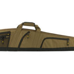 Long tan Allen fishing rod case with multiple zippered pockets and a carry handle.