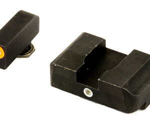 Two black plastic mechanical components on a white background: a small rectangular piece with an orange inner ring and a larger U-shaped clamp nearby.