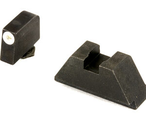 Two black plastic parts: a small rectangular piece with a metal screw and a larger wedge-shaped block with a central U-shaped groove.