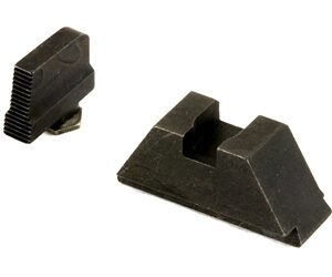 Two black plastic gun sights: a rear notch sight and a front ramp-style sight.