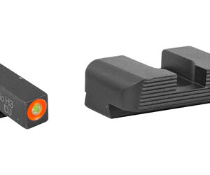 Compact red-dot micro sight with orange window beside a matching rail mount for a firearm.