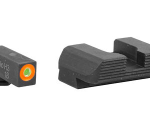 Two firearm sights: a fiber-optic front sight with orange insert and a black rear sight with serrated surface