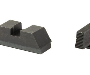 Pair of black front and rear iron sights for a firearm, shown on a white background.