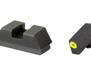 Pair of black, angular plastic sights: a larger rear sight with a central notch and a smaller front sight featuring a yellow end cap.