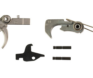 Disassembled metal tool components: two jaw-like pieces, a curved hook assembly, a small black spacer, and two short pins.