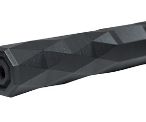 Black, faceted cylindrical tool or grip with a hexagonal socket opening at one end.