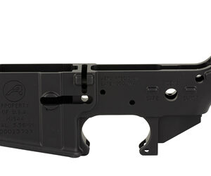 AR-15 style lower receiver viewed from the left side, shown without the upper receiver and with the trigger pocket and magazine well visible