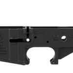 Black AR-15 style rifle lower receiver with safety markings and trigger opening (no upper receiver)