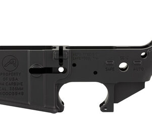 Black AR-15 style rifle lower receiver with safety markings and trigger opening (no upper receiver)