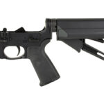 Partially assembled AR-style rifle receiver showing pistol grip and an adjustable stock.