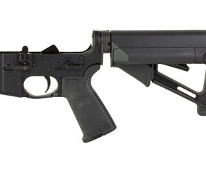 Side view of a black AR-style rifle with a collapsible stock and pistol grip.