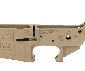 Tan AR-15-style lower receiver with Aero Precision markings and serial number.