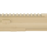 Tan-colored rifle upper receiver with a top Picatinny rail and muzzle end to the left; cylindrical adjustment knob visible on the right side.