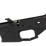 Black AR-style rifle lower receiver with trigger guard, handgrip area, and buffer area visible; upper receiver is not attached.